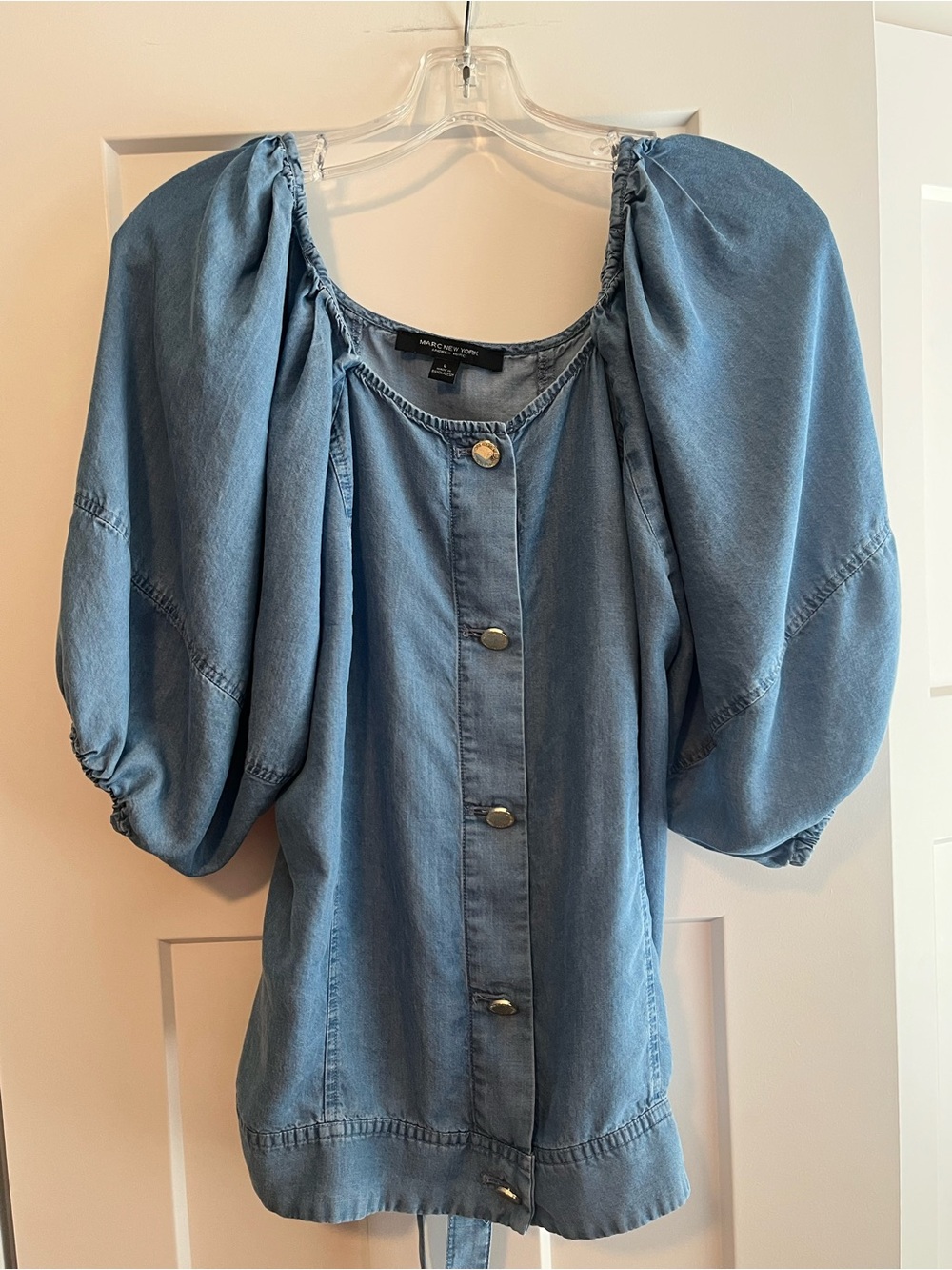 Marc New York Blue Denim Button-Front Puff Sleeve Top